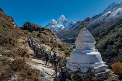 Trekking al cambo base del Everest, en Nepal, con el pico Ama Dablam al fondo.