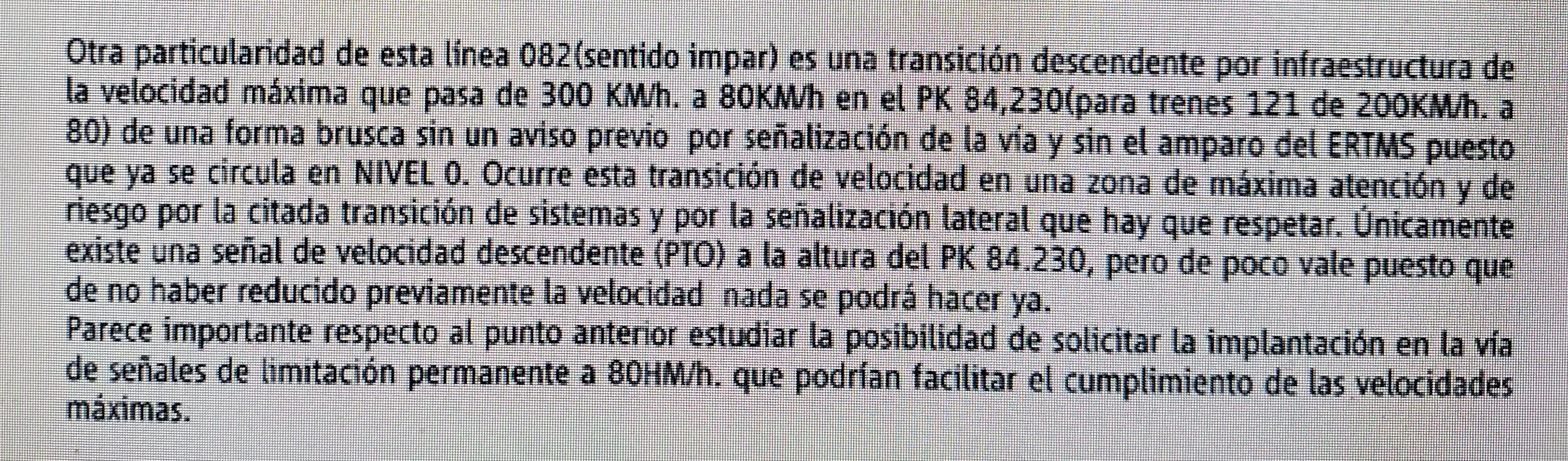 Párrafo del escrito del maquinista jefe en el que reclamaba, en el año 2011, señales en el tramo que desemboca en la curva de A Grandeira (barrio de Angrois, Santiago).