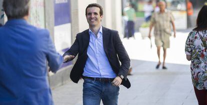 Pablo Casado, este miércoles, durante un acto de campaña en Madrid.