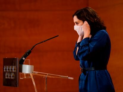 La presidenta Díaz Ayuso, durante la comparecencia de este jueves.