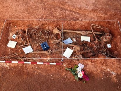 Exhumación de cuatro cadáveres de la Guerra Civil hallados en dos fosas en una cuneta cerca de Riva de Escalote (Soria) en 2019.
