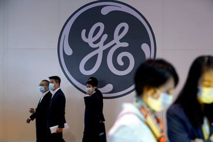 The General Electric logo, at an international congress in Shanghai, China, in November 2020.