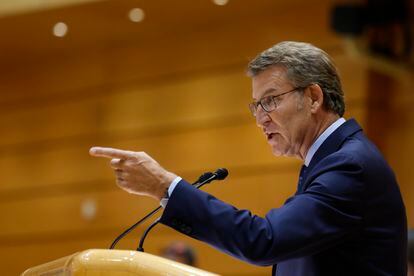 El líder del PP, Alberto Núñez Feijóo, interviene en el pleno del Senado celebrado el pasado martes en Madrid.