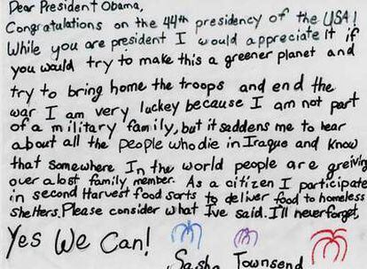 Sasha, de 10 años, le muestra a su presidente su parecer sobre las guerras.