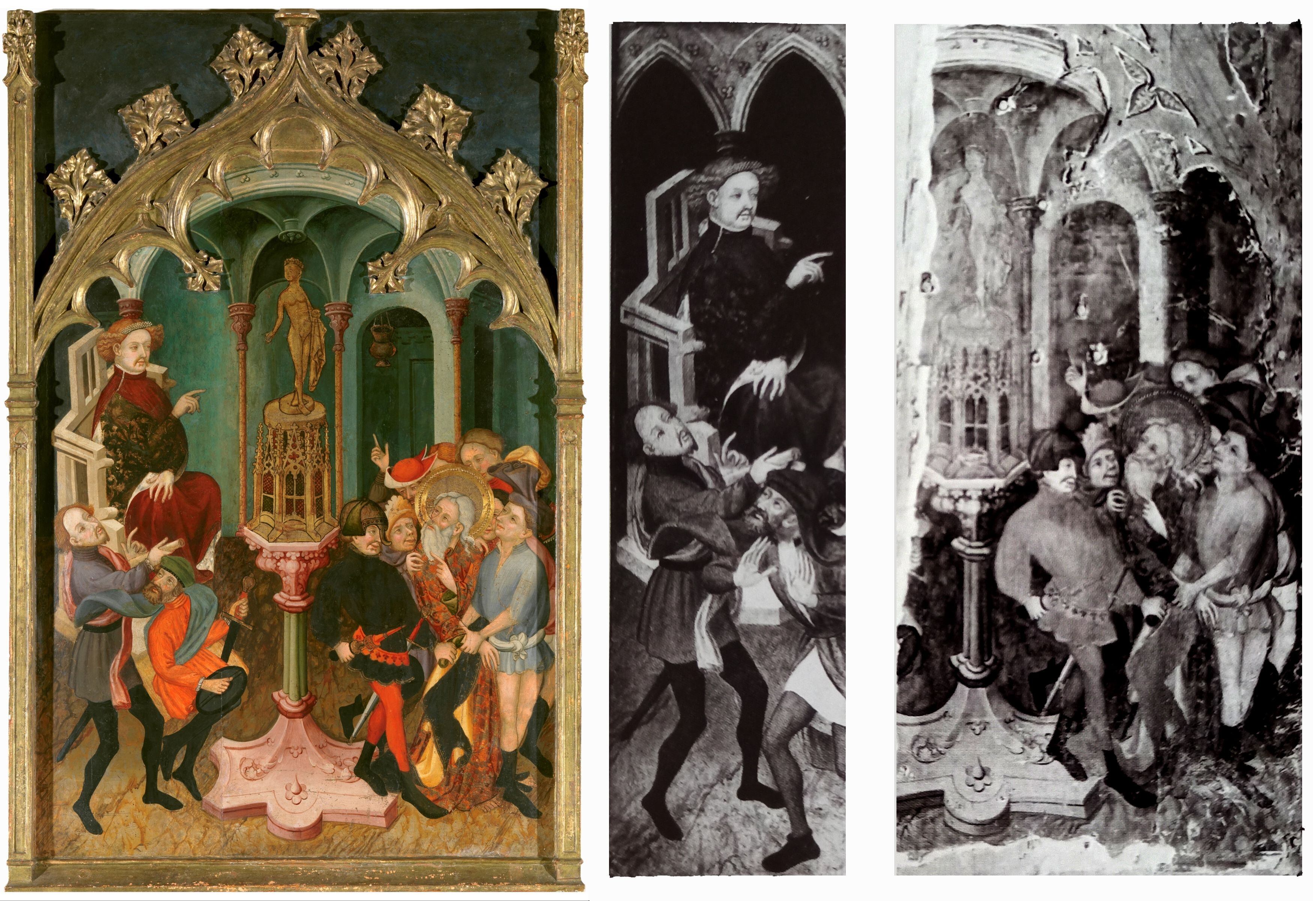 'San Andrés negándose a adorar los ídolos' de la colección Várez Fisa depositado desde 2012 en el museo del Prado, a la izquierda. Y a la derecha las dos tablas antes de ser unidas. Obsérvese cómo al personaje de la parte inferior izquierda se la ha dado la vuelta.