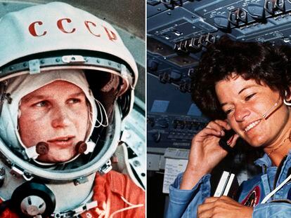 Tereshkova, a la izquierda, en la cápsula Vostok en junio de 1963. A la derecha, Sally Ride se comunica con la sala de control desde el Challenger.