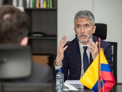 Fernando Grande-Marlaska, en su reunión el pasado viernes con el ministro Defensa de Colombia, Diego Molano, en Bogotá, en una imagen cedida por el departamento de este último.