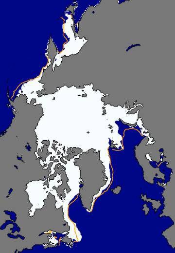 Extensión de la banquisa ártica en marzo de este año. La línea marca la media desde 1981.
