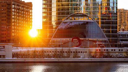 Planetarium, sculpture by Santiago Calatrava, located in Chicago's River Point Park.