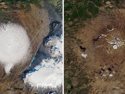 Imágenes de satélite del glaciar Ok en 1986 (izquierda) y el pasado 1 de agosto.