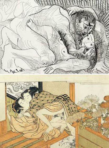 Arriba, grabado de Picasso de la serie <i>Abrazos</i>. Abajo, un <i>shunga</i> de Koryüsai.