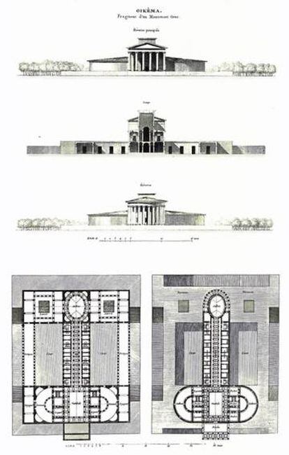 Planta i alçat del temple dels plaers (amb forma fàl·lica) ideat per Claude-Nicolas Ledoux al segle XVIII.