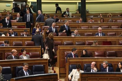 Los diputados de Vox vuelven al hemiciclo para seguir la intervención del diputado de Unión del Pueblo Navarro. 