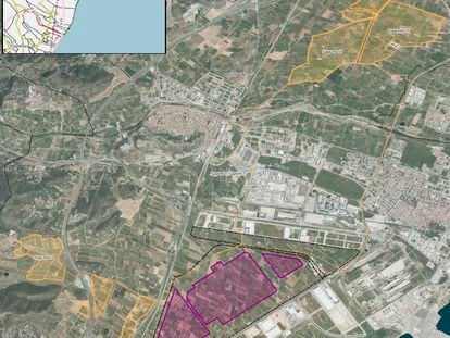 Imagen área de Sagunto con los ámbitos de ubicación de la fabrica de baterías (en morado) y de las planta fotovoltaicas (en amarillo).