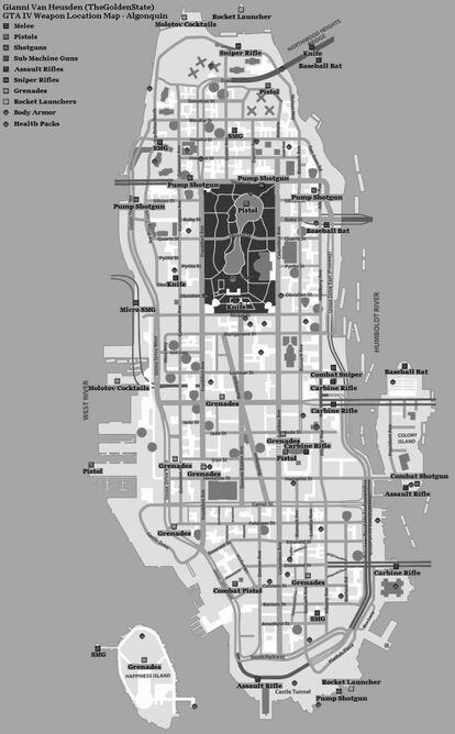 Un mapa de Algonquin, el escenario principal del videojuego 'Grand Theft Auto Liberty City'.