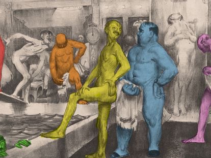 Ilustración de hombres compartiendo conversación en una sauna en 1917.