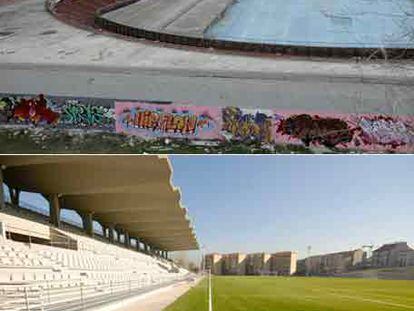 Arriba, el canódromo, cuando se utilizaba como albergue de personas sin hogar, con el velódromo. En la siguiente fotografía, el estado actual del recinto.