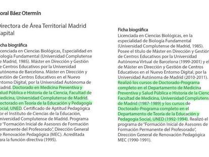 Los cambios en el curriculum de Coral Báez. El de la izquierda es tal y como aparecía antes de este miércoles, cuando este medio comenzó a indagar. El de la derecha, tras los cambios.