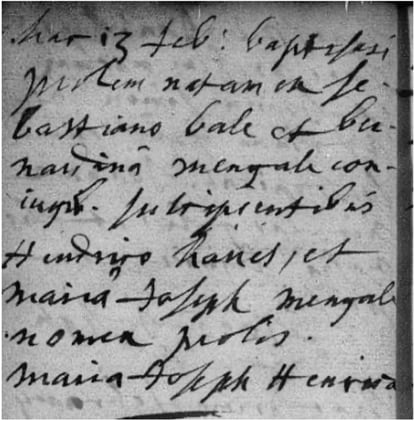 Acta de bautismo de Maria Josepha Ball, el 7 de febrero de 1713, en las actas eclesiásticas de Châtelet (Bélgica).  / DIE LATERNE