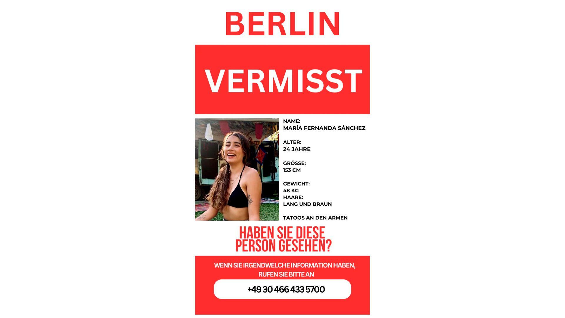 El cartel de búsqueda en alemán de María Fernanda Sánchez Castañeda.