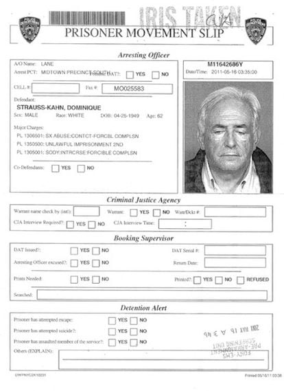 Ficha policial de Dominique Strauss-Kahn.