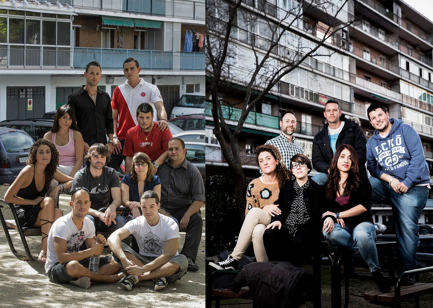 En 2010 (foto de la izquierda) un grupo de amigos ponía rostro a la precariedad juvenil. De arriba abajo y de izquierda a derecha, Luis Miguel Salvá, Iván Fernández, Wendy Cedeño, Mario Valledor, Yara Blasco, Víctor Carazo, Noelia Lara, Agustín B., Gonzalo Merchán y Sergio Cadierno. En la imagen de la derecha, del pasado febrero, se volvían a reunir antes de los efectos del coronavirus. Repetían, de arriba abajo y de izquierda a derecha, Luis Miguel Salvá, Iván Fernández, Mario Valledor, Yara Blasco, Noelia Lara y Wendy Cedeño.