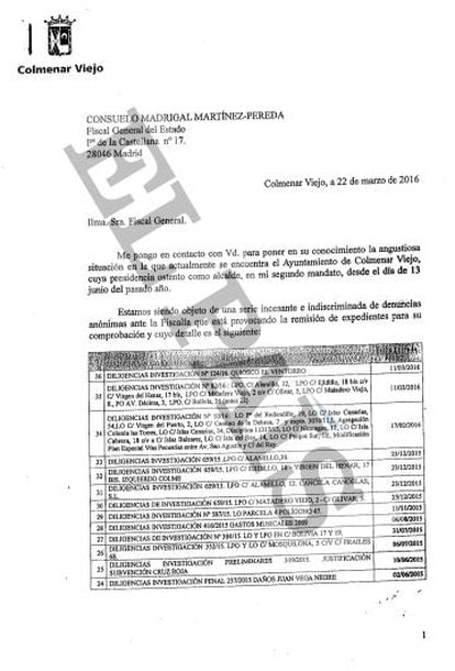 Carta enviada por el alcalde de Colmenar Viejo, Miguel Ángel Santamaría, a la fiscal General del Estado, Consuelo Madrigal.