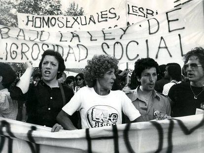 Un grupo de transexuales encabezando la primera celebración del Día Internacional de la Liberación Homosexual en Madrid, el 25 de junio de 1978, con una pancarta en la que se pedía la derogación de la ley de Peligrosidad Social.