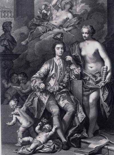 El soprano Farinelli, coronado por la musa Euterpe, en un grabado del libro 'La real biblioteca pública 1711-1760, de Felipe V a Fernando VI'.