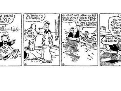 La tira del 17 de enero de 1929 de <i>Thimble Theatre,</i> de Elzie Crisler Segar, con la primera aparición de Popeye.