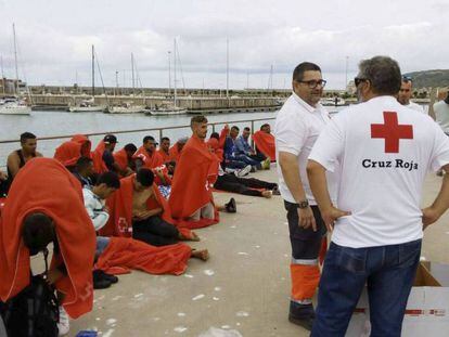 Personal de Cruz Roja atiende en el puerto de Barbate (Cádiz) a las 45 personas rescatadas este jueves por Salvamento Marítimo.