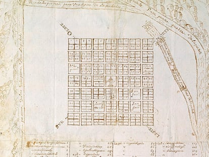 Plano de planta de Esteco II (Nuestra Señora de Talavera de Madrid), anónimo y sin fecha. Indica la asignación de solares en el trazado de esta ciudad.