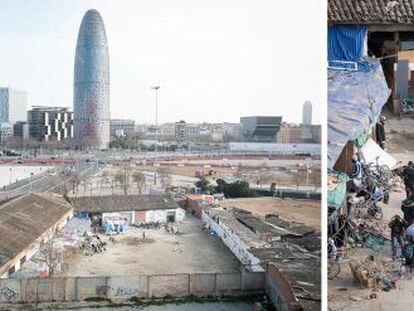 Panoràmica de l'assentament al costat de les Glòries i un detall de l'espai.