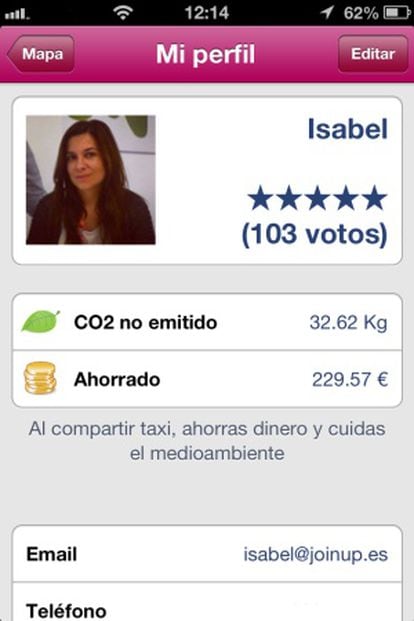 Perfil de usuario de una aplicación de taxi compartido.