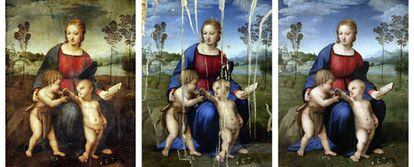 Tres imágenes del proceso de restauración de la obra de Rafael.