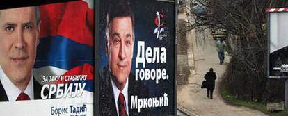 De izquierda a derecha, carteles electorales de Borís Tadic (Partido Demócrata) y Milutin Mrkonjic (Partido Socialista) , en las calles de Belgrado.