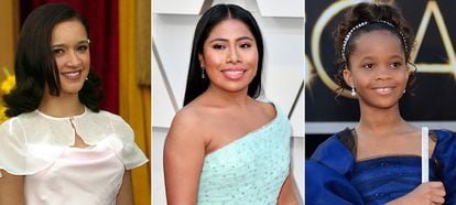Las actrices Keisha Castle-Hughes, Yalitza Aparicio y Quvenzhané Wallis en la alfombra roja de los Oscar.
