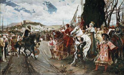 'La rendición de Granada' (1882). Boabdil, el último rey musulmán, rinde Granada a los Reyes Católicos, en un cuadro de Francisco Pradilla y Ortiz que se guarda en el Senado.