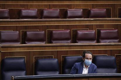El vicepresidente segundo y ministro de Derechos Sociales y Agenda 2030, Pablo Iglesias, en la Cámara baja durante la moción de censura.