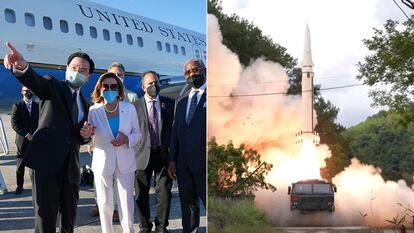 El ministro de Asuntos Exteriores de Taiwán, Joseph Wu, estrechala mano a Nancy Pelosi en su despedida en el aeropuerto de Songshan en Taipéi. Polémico viaje de la presidenta del Congreso de Estados Unidos a Taiwán, que ha creado una importante crisis con China. /// El Ejército Popular de Liberación chino lanza un misil frente a la costa este de Taiwán. China asedia Taiwán en unas maniobras con fuego real como represalía del viaje de Nancy Pelosi, la presidenta del Congreso de Estados Unidos a Taiwán.