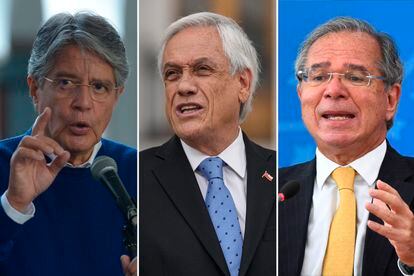 El presidente ecuatoriano, Guillermo Lasso, el presidente de Chile, Sebastián Piñera, y el ministro de Economía brasileño, Paulo Guedes.