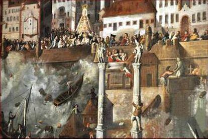 Pintura del Ayuntamiento de Cádiz que muestra los efectos del maremoto de 1755 desde el puerto.
