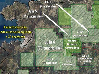 Plano difundido ayer por Salvemos Cabana que recoge los datos del mapa oficial del censo catastral minero.