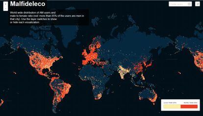 Mapa interactiu que mostra els usuaris d'Ashley Madison per ciutats.