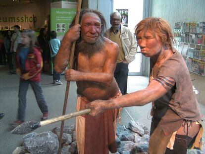 Reconstrucci&oacute;n de dos hombres de Neanderthal en el museo dedicado a esta especie en Dusseldorf, Alemania