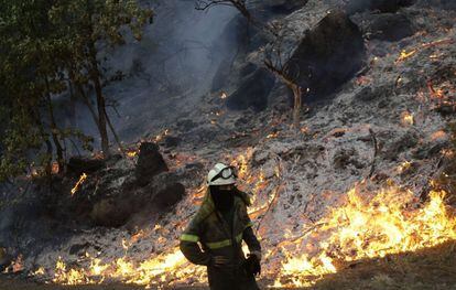 Un bombero trabaja en el incendio de Vilariño.