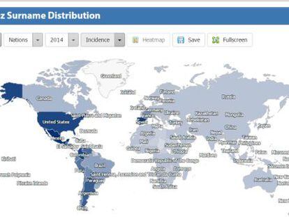 Distribución del apellido López en todo el mundo.