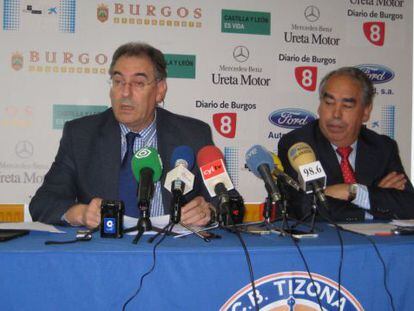 Miguel Ángel Benavente, presidente del Tizona Burgos, y el vicepresidente, Fernando Andrés, en la rueda de prensa del club.