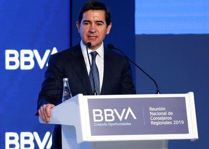 El presidente del BBVA, Carlos Torres, en una conferencia en Ciudad de México.