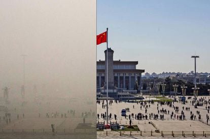 Antes y el después de los niveles de polución en varios lugares emblemáticos de Pekín, en diciembre de 2015.